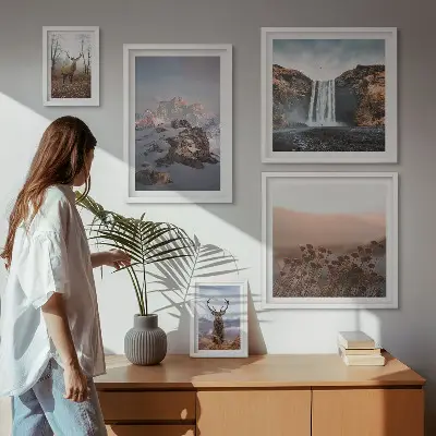 Conjunto de 5 quadros decorativos paisagens montanhosas e animais selvagens