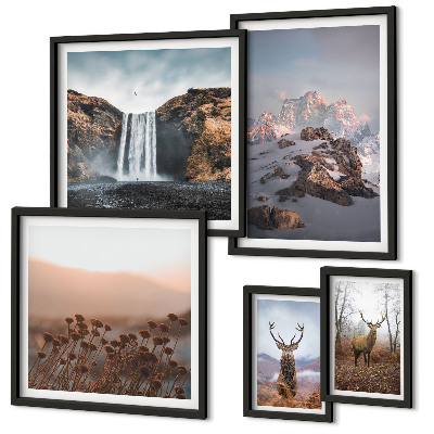 Conjunto de 5 quadros decorativos Paisagens montanhosas, animais selvagens