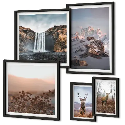 Conjunto de 5 quadros decorativos paisagens montanhosas e animais selvagens