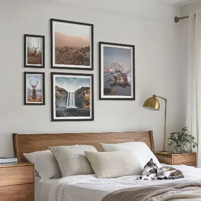 Conjunto de 5 quadros decorativos paisagens montanhosas e animais selvagens