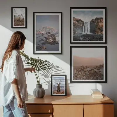 Conjunto de 5 quadros decorativos paisagens montanhosas e animais selvagens