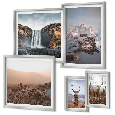 Conjunto de 5 quadros decorativos paisagens montanhosas e animais selvagens