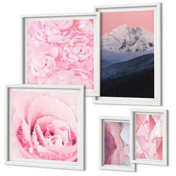 Galeria de quadros para parede com paisagens modernas de flores em tons de cor-de-rosa