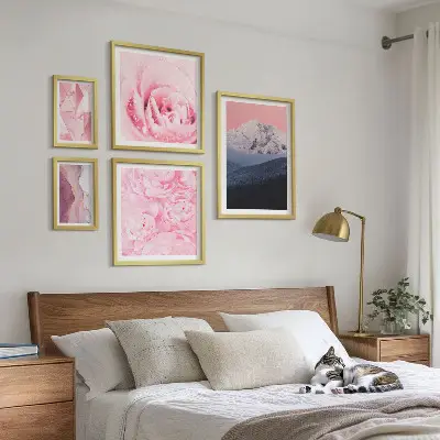 Galeria de quadros para parede com paisagens modernas de flores em tons de cor-de-rosa