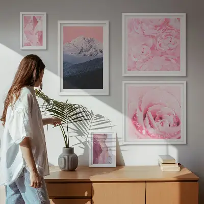 Galeria de quadros para parede com paisagens modernas de flores em tons de cor-de-rosa