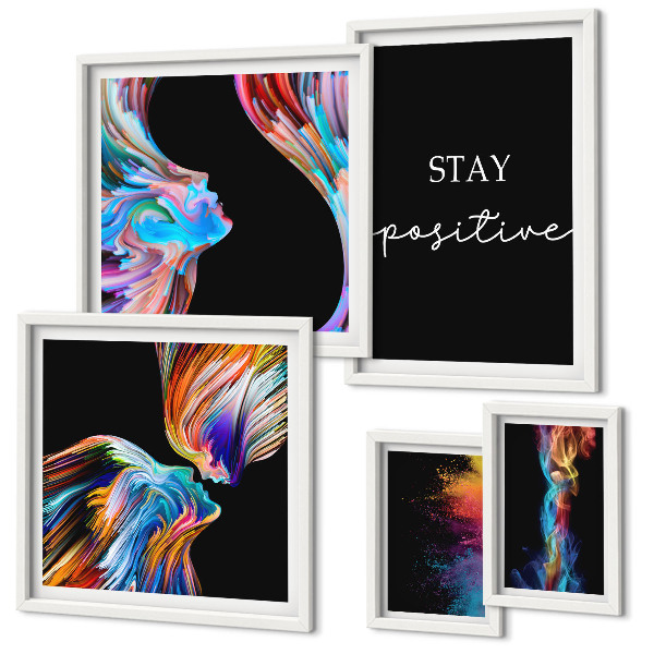 Conjunto de 5 quadros com moldura Abstrações coloridas e positivas