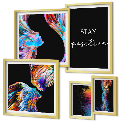 Conjunto de 5 quadros com moldura Abstrações coloridas e positivas