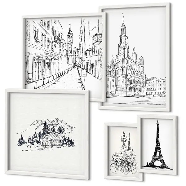 Galeria de quadros para parede com ilustrações arquitetônicas elegantes