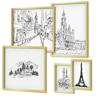 Galeria de quadros para parede com ilustrações arquitetônicas elegantes