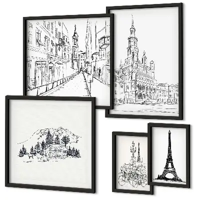 Galeria de quadros para parede com ilustrações arquitetônicas elegantes