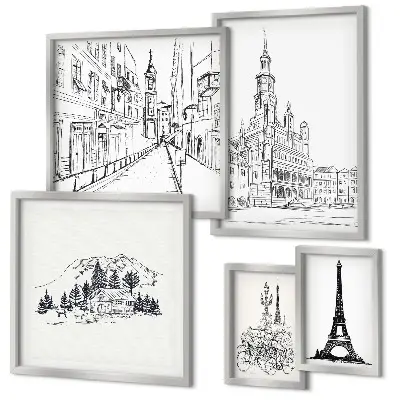 Galeria de quadros para parede com ilustrações arquitetônicas elegantes