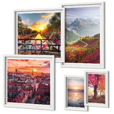 Conjunto de 5 quadros com moldura vistas da natureza urbana nas montanhas