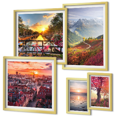 Conjunto de 5 quadros com moldura vistas da natureza urbana nas montanhas
