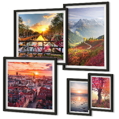 Conjunto de 5 quadros com moldura vistas da natureza urbana nas montanhas