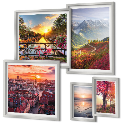 Conjunto de 5 quadros com moldura vistas da natureza urbana nas montanhas