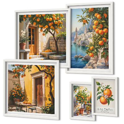 Conjunto de 5 quadros com moldura vistas atmosféricas de frutas