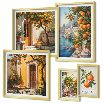 Conjunto de 5 quadros com moldura vistas atmosféricas de frutas