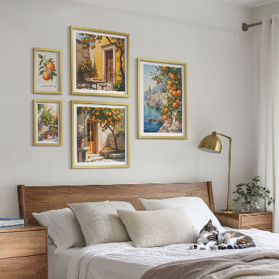 Conjunto de 5 quadros com moldura vistas atmosféricas de frutas