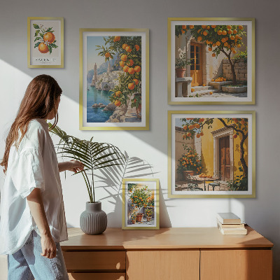 Conjunto de 5 quadros com moldura vistas atmosféricas de frutas
