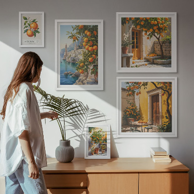 Conjunto de 5 quadros com moldura vistas atmosféricas de frutas