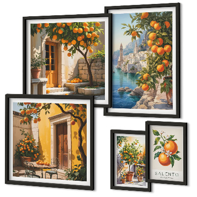 Conjunto de 5 quadros com moldura vistas atmosféricas de frutas