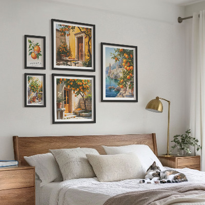 Conjunto de 5 quadros com moldura vistas atmosféricas de frutas