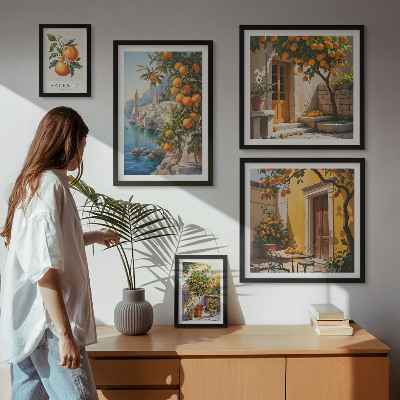 Conjunto de 5 quadros com moldura vistas atmosféricas de frutas