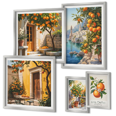 Conjunto de 5 quadros com moldura vistas atmosféricas de frutas