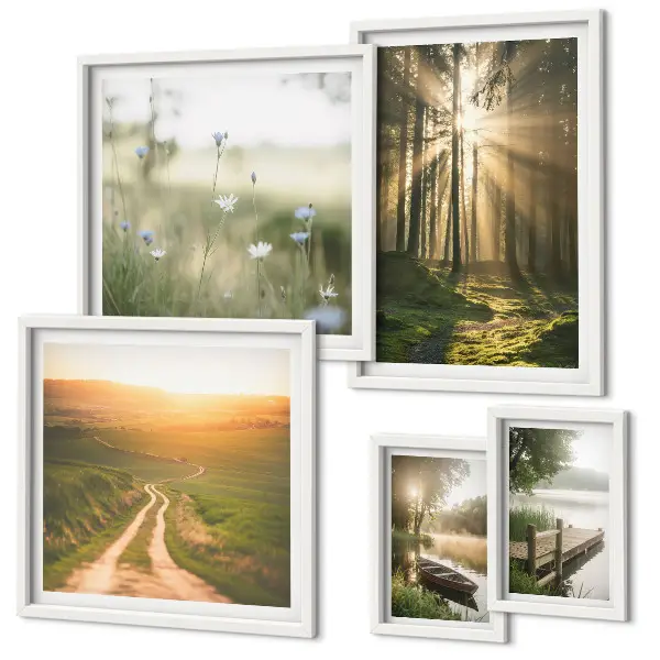 Conjunto de 5 quadros decorativos com paisagens de florestas, sol e água