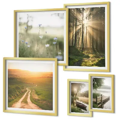 Conjunto de 5 quadros decorativos com paisagens de florestas, sol e água