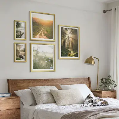 Conjunto de 5 quadros decorativos com paisagens de florestas, sol e água