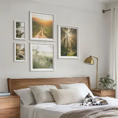 Conjunto de 5 quadros decorativos com paisagens de florestas, sol e água