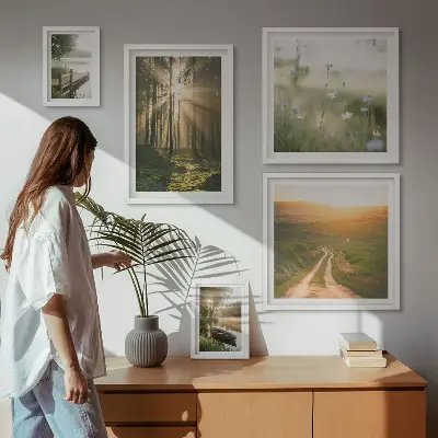 Conjunto de 5 quadros decorativos com paisagens de florestas, sol e água