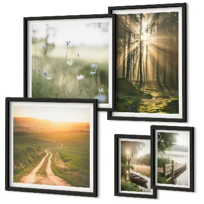 Conjunto de 5 quadros decorativos com paisagens de florestas, sol e água