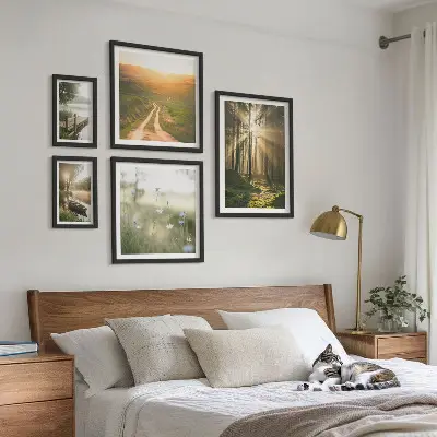 Conjunto de 5 quadros decorativos com paisagens de florestas, sol e água