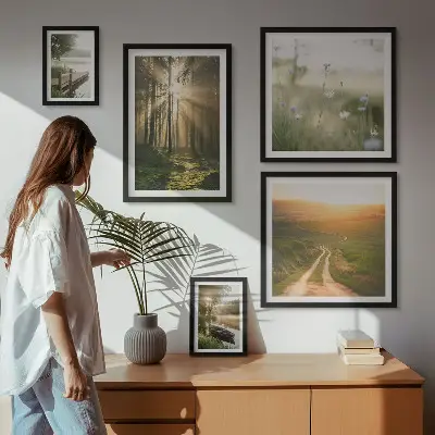 Conjunto de 5 quadros decorativos com paisagens de florestas, sol e água