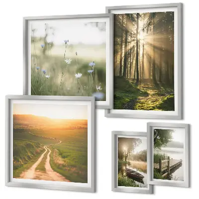 Conjunto de 5 quadros decorativos com paisagens de florestas, sol e água