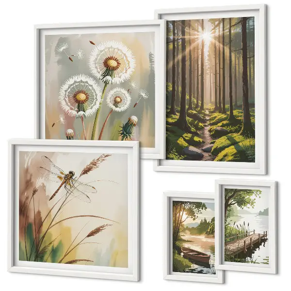 Galeria de parede com paisagens de florestas e natureza