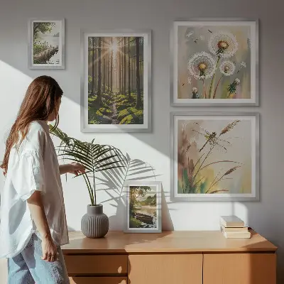 Galeria de parede com paisagens de florestas e natureza