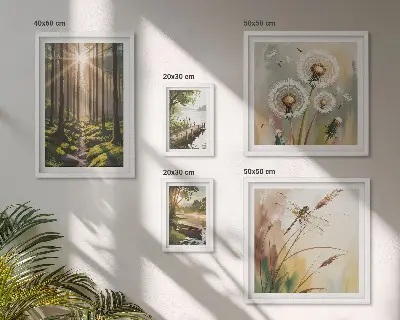 Galeria de parede com paisagens de florestas e natureza