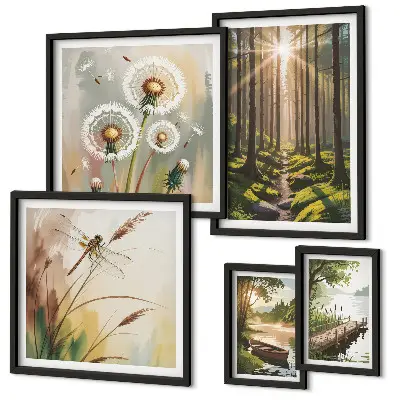 Galeria de parede com paisagens de florestas e natureza