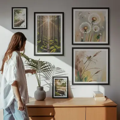 Galeria de parede com paisagens de florestas e natureza