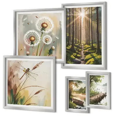 Galeria de parede com paisagens de florestas e natureza