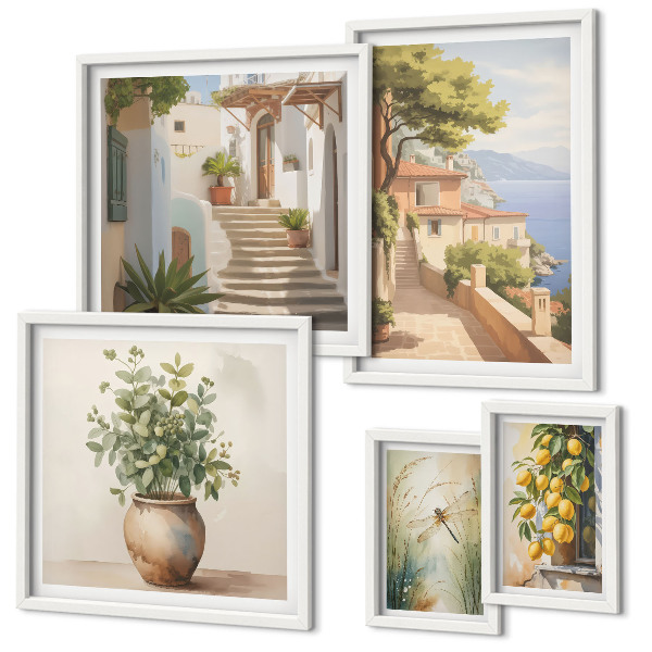 Conjunto de 5 quadros decorativos Vistas elegantes de cidades litorâneas
