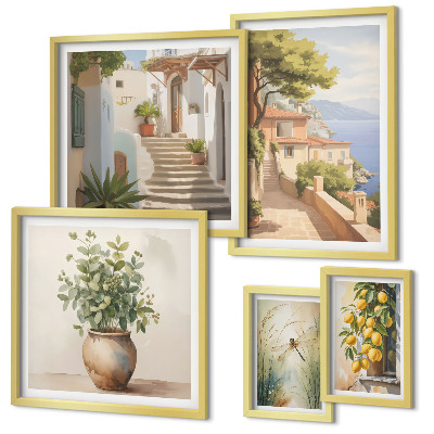Conjunto de 5 quadros decorativos Vistas elegantes de cidades litorâneas