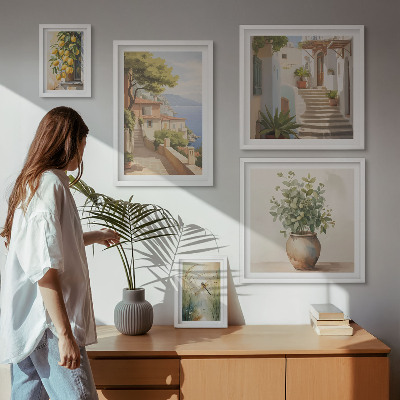 Conjunto de 5 quadros decorativos Vistas elegantes de cidades litorâneas