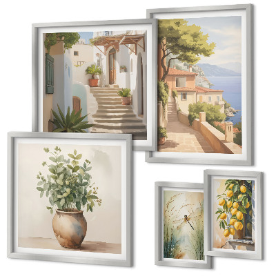 Conjunto de 5 quadros decorativos Vistas elegantes de cidades litorâneas