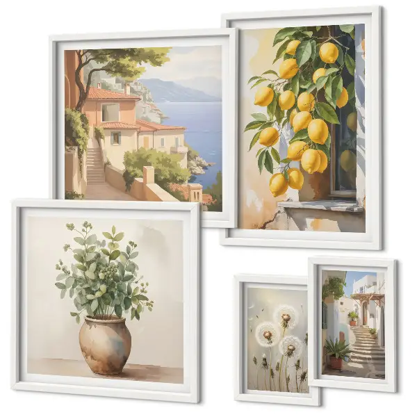 Galeria de quadros para parede com toques cítricos em estilo mediterrâneo