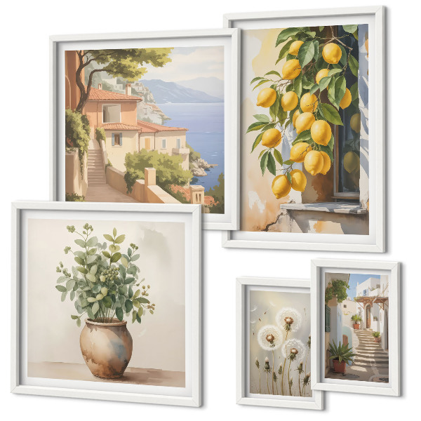 Parede galeria de quadros Toques cítricos em estilo mediterrâneo