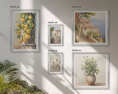 Galeria de quadros para parede com toques cítricos em estilo mediterrâneo